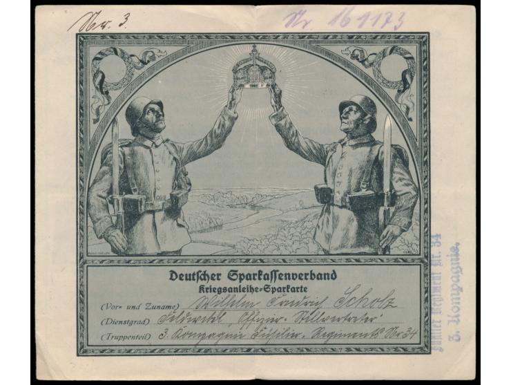 Kriegsanleihe-Sparkarte  des Deutschen Sparkassenverbandes für Soldaten, Briefstempel "Füsilier-Regiment Nr. 34 / 3. Kompagni