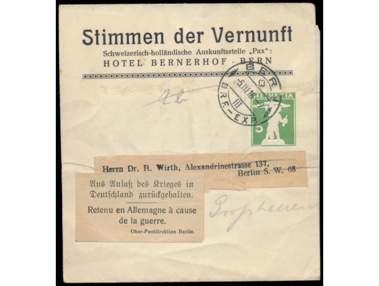 Schweiz-Streifband 5 C. mit Absender-Zudruck "Stimmen der Vernunft ..." nach Berlin, Stempel Bern 5.3.18, zweisprachiger Aufk