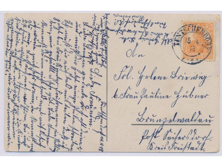 Preußen-K2   Tuntschendorf  15.4.18 als seltene späte Verwendung auf Postkarte mit 7 1/2 Pf. nach Brunzelwaldau, Bedarf
Stich