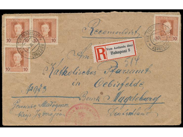 Österreich-Feldpost  4 x 10 H. auf Einschreibbrief mit Stempel K. u. k. Etappenpostamt Jedrzejow 24.7.18 nach Oebisfelde, rüc