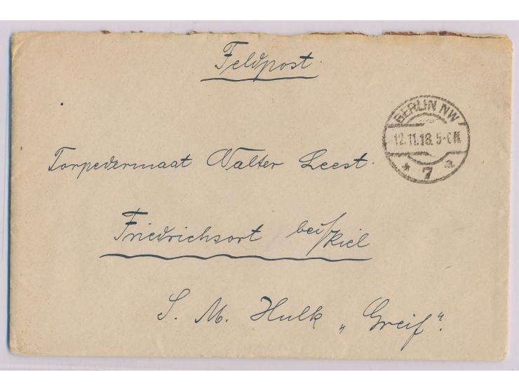 Feldpostbrief &nbsp;mit Stempel &nbsp;Berlin NW 7 &nbsp;12.11.18 an einen Torpedomaat in Friedrichsort bei Kiel, &nbsp;1. Tag