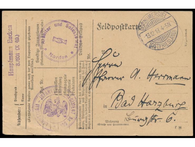 Revolution 1918: &nbsp;Feldpostkarte mit Stempel &nbsp;Dornumersiel (Ostfriesland) &nbsp;13.12.18 nach Bad Harzburg, Briefste