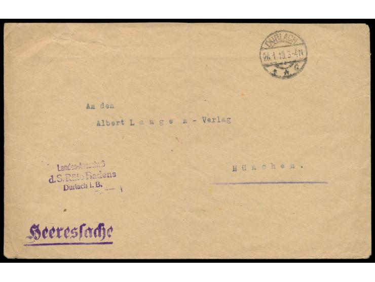 Revolution 1918,  Dienstbrief "Heeressache" mit Stempel  Durlach  26.1.19 nach München, vorderseitig Absenderstempel "Landes-