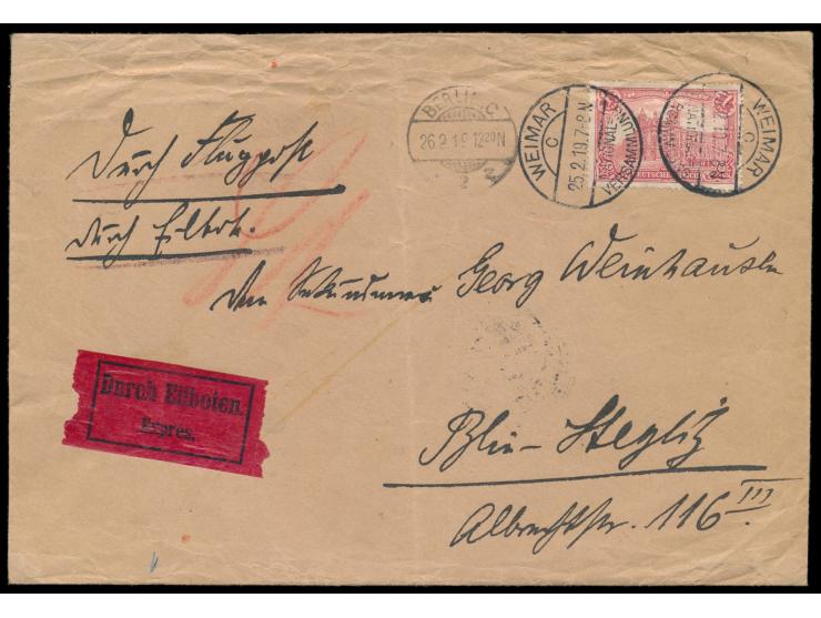 Einzelfrankatur 1 M. auf  Luftpost-Eilbrief  von Weimar nach Berlin, Stempel  Weimar National-Versammlung  25.2.19 7-8 N., in