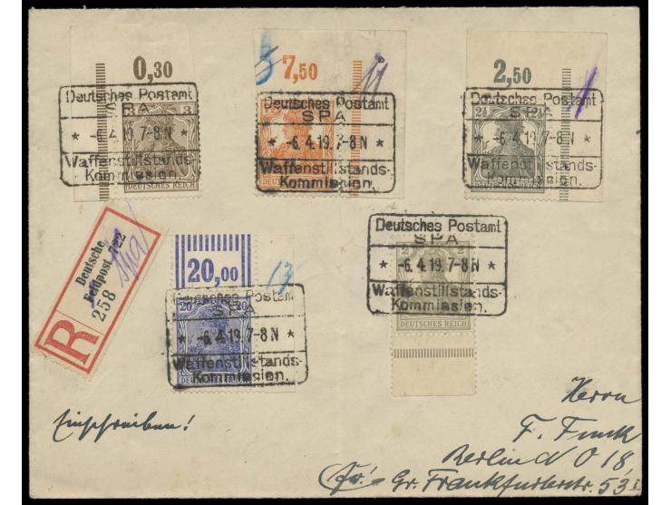 Germaniamarken 2 1/2, 3 und 7 1/2 Pf. mit  Plattendruck-Eckrändern  oben links und rechts und 2 Pf. mit Unterrand und 20 Pf. 