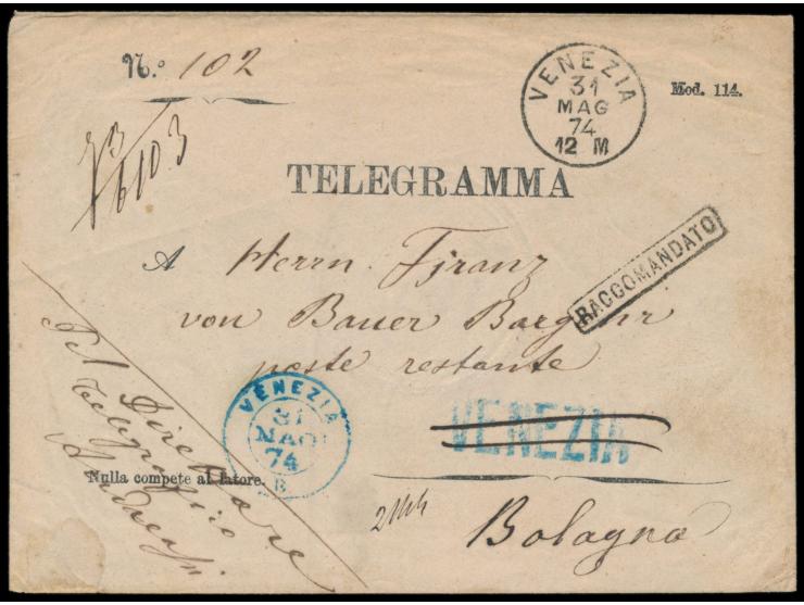 Orts-Telegrammumschlag  mit blauem Zweikreisstempel  Venezia und Einkreisstempel Venezia 31.5.74 und R1  Raccomandato, Empfän