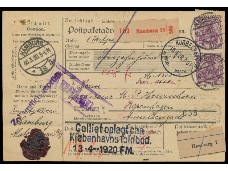 32 x 60 Pf. auf  Auslands-Wertpaketkarte  nach Kopenhagen, Wertangabe 1300 Mark, Stempel  Hamburg 18  30.3.20, deutscher und 