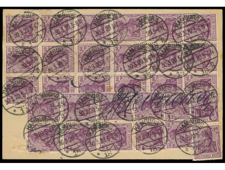 32 x 60 Pf. auf  Auslands-Wertpaketkarte  nach Kopenhagen, Wertangabe 1300 Mark, Stempel  Hamburg 18  30.3.20, deutscher und 