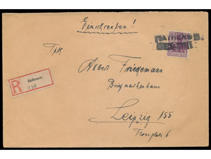 Einzelfrankatur 60 Pf. auf Einschreibbrief 2. Gewicht von  Rathenow  nach Leipzig, Marke mit zweizeiligem  Grobsendungsstempe