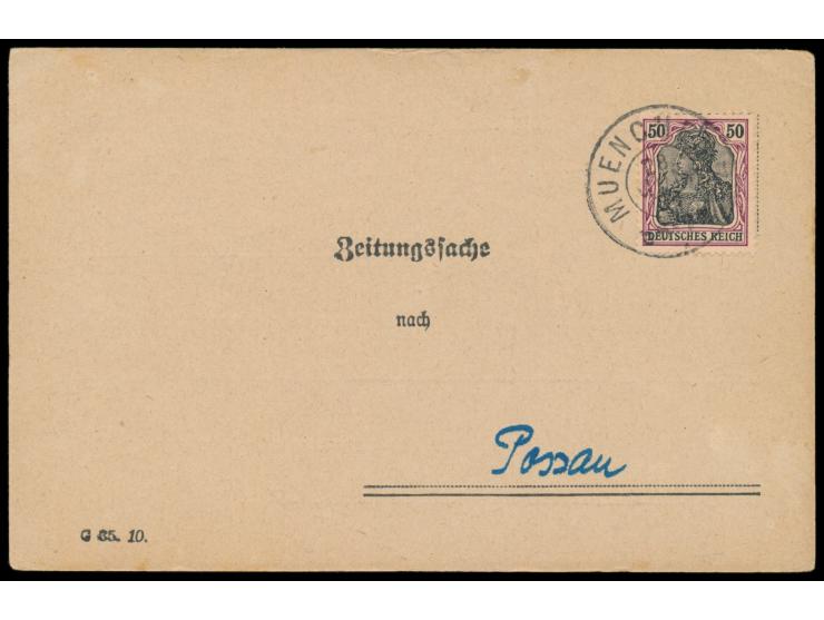50 Pf. Germania auf  Zeitungssache  (Zeitungsnachlieferung), Stempel Muenchen 7 28.6.20, nach Passau, geprüft Infla Berlin
Po