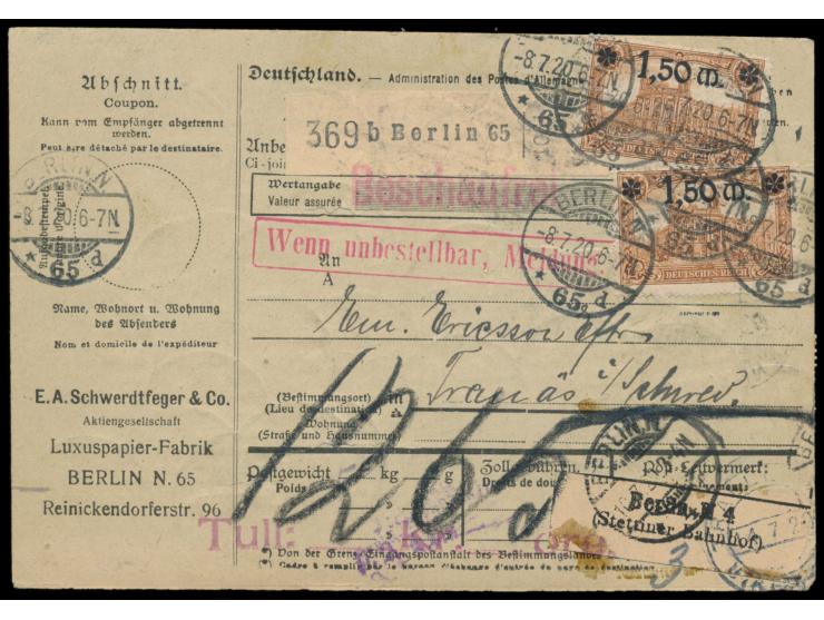 16 x 1,50 M. auf 1 Mark als seltene Massenfrankatur auf  Auslandspaketkarte  nach Schweden, Stempel  Berlin N. 65  8.7.20, Du