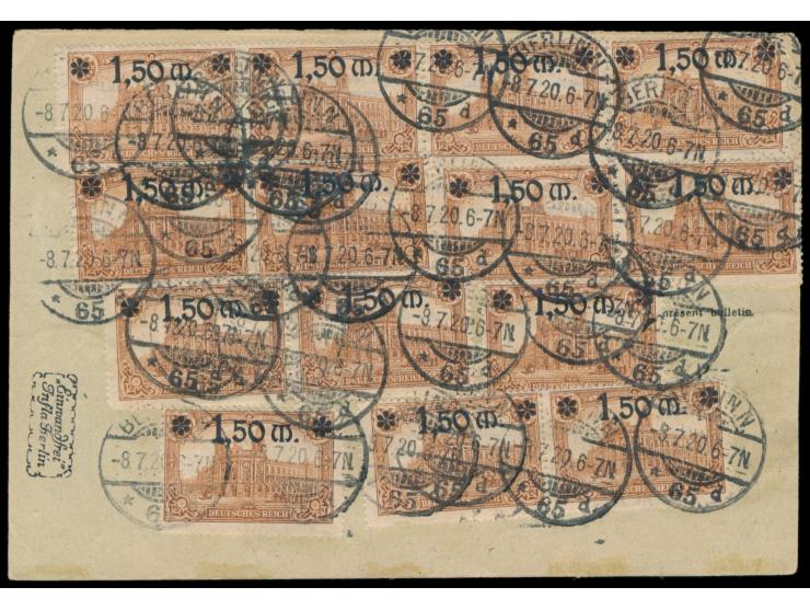 16 x 1,50 M. auf 1 Mark als seltene Massenfrankatur auf  Auslandspaketkarte  nach Schweden, Stempel  Berlin N. 65  8.7.20, Du