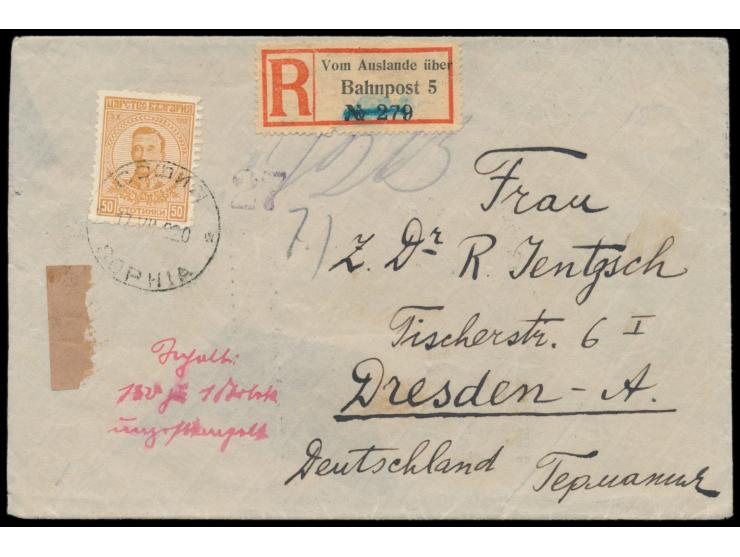 Bulgarien &nbsp;50 St. auf Einschreibbrief mit Stempel Sophia 17.7.20 nach Dresden, handschriftlicher Registriervermerk, &nbs