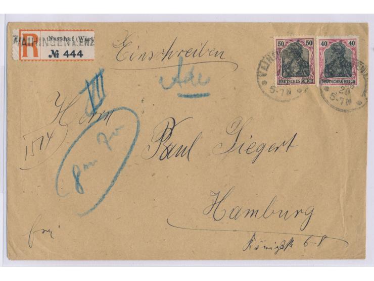 40 Pf. und 50 Pf. Germania auf Einschreibbrief mit Stempel Vaihingen 26.8.20 nach Hamburg,  R-Zettel Nussdorf (Württ.)  mit F