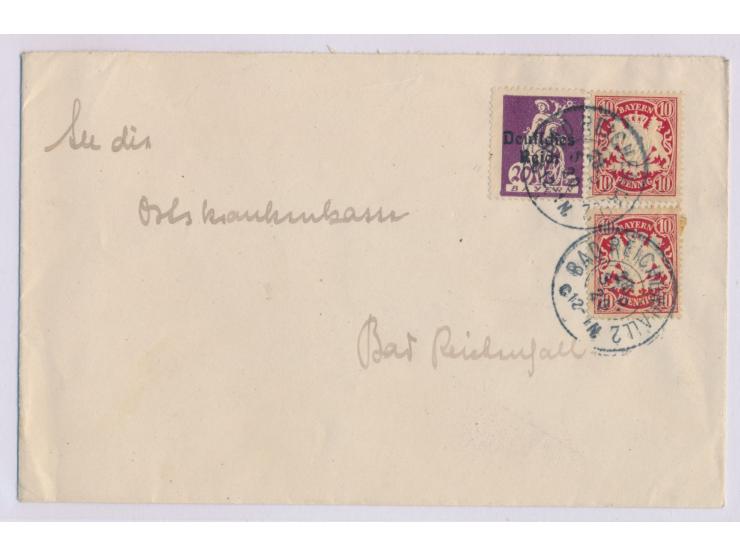 Abschiedsserie 20 Pf. in  Mischfrankatur mit  2 x  Bayern-Staatswappen 10 Pf.  auf Ortsbrief mit Stempel Bad Reichenhall 28.9