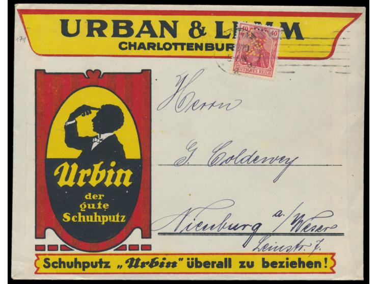 40 Pf. mit Firmenlochung "U &amp; L" auf dekorativem mehrfarbigem  Reklameumschlag  mit rückseitig ganzflächigem Druck  "Urbi