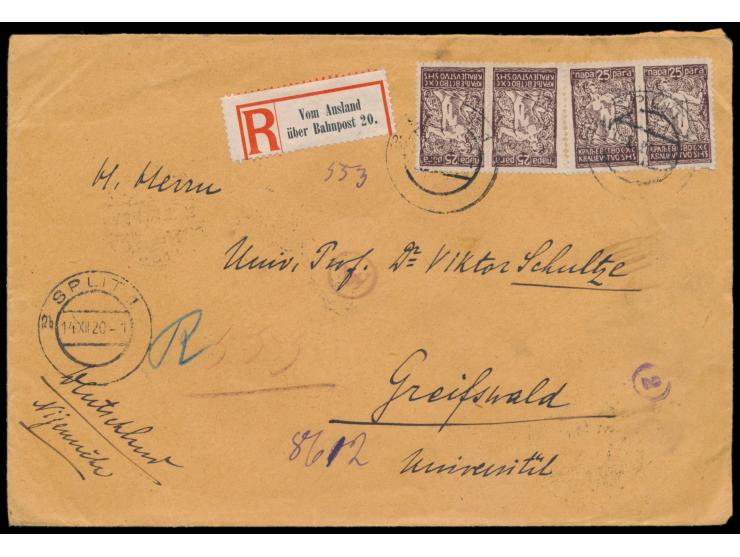 4 x  Jugoslawien  25 Para auf Einschreibbrief mit aptiertem Österreich-Stempel Split 14.12.20 nach Deutschland, handschriftli