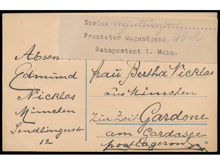 Ganzsache 30 Pf. mit Stempel München 8.2.21 nach Gardone / Italien, unterfrankiert, Aufkleber mit hektografiertem Text  "Zurü