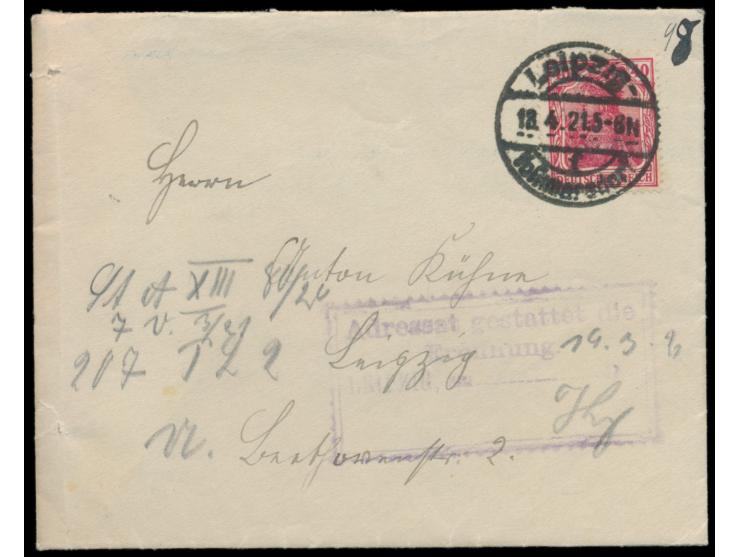 40 Pf. auf Ortsbrief mit Stempel   Leipzig-Volkmarsdorf 18.4.21 an einen Strafgefangenen in der  Gefangenenanstalt Leipzig II