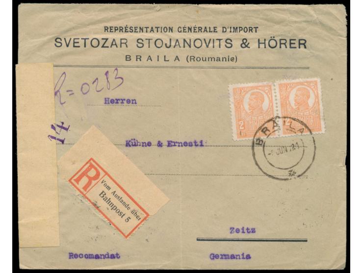 2 x  Rumänien  2 Lei auf Einschreibbrief mit Stempel  Braila  6.6.21 nach Deutschland, handschriftlicher R-Vermerk,  R-Zettel