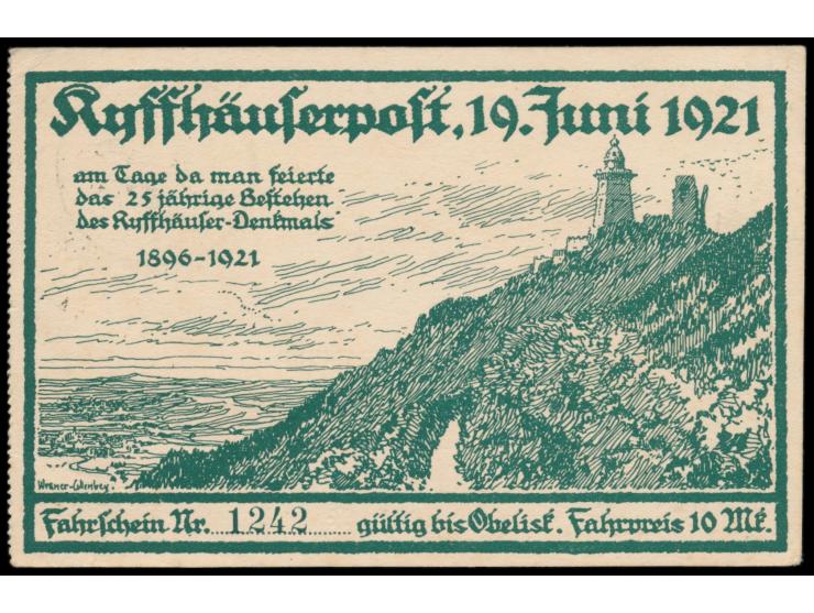 40 Pfg. Germania auf  Ansichtskarte Kyffhäuserpost 19. Juni 1921  Fahrschein Nr. 1242, gültig bis Obelisk, Fahrpreis 10 Mk., 