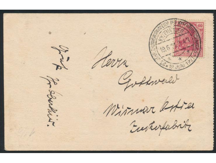 40 Pfg. Germania auf  Ansichtskarte Kyffhäuserpost 19. Juni 1921  Fahrschein Nr. 1242, gültig bis Obelisk, Fahrpreis 10 Mk., 