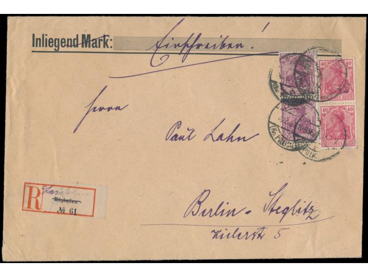 2 x 40 Pf. und 2 x 50 Pf. auf Einschreibbrief mit Stempel  Lasdehnen (Kr. Pilkallen)  16.8.21 (etwas undeutlich),  R-Zettel U