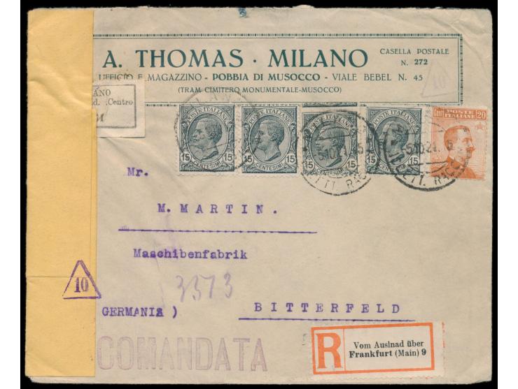 Italien &nbsp;10 C. und 4 x 15 C. auf Einschreibbrief mit Stempel Milano 5.10.21 nach Deutschland, links gelber Verschlußzett