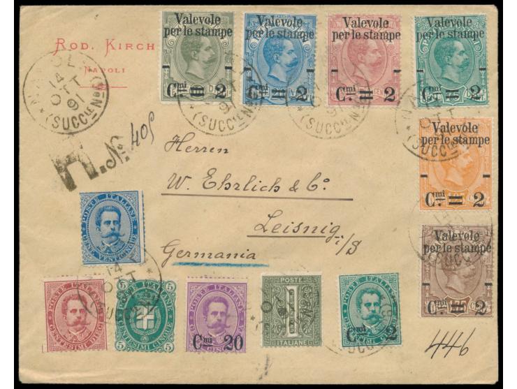 Provisorio 2 C. auf 5 C. und 20 C. auf 50 C. (1890, Unificato 50 + 52) und kompletter Satz Paketmarken mit Aufdruck "Valevole