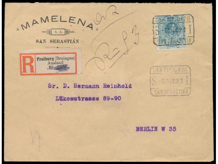 Spanien &nbsp;50 C. auf Einschreibbrief mit Stempel &nbsp;Certificado San Sebastian &nbsp;6.12.21 nach Berlin, handschriftlic