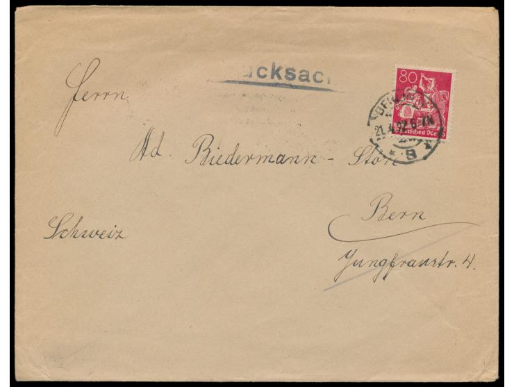 Einzelfrankatur 80 Pf. Arbeiter auf Auslandsdrucksache in die Schweiz, Stempel Berlin W 8 21.4.22, portorichtig, Bedarf
