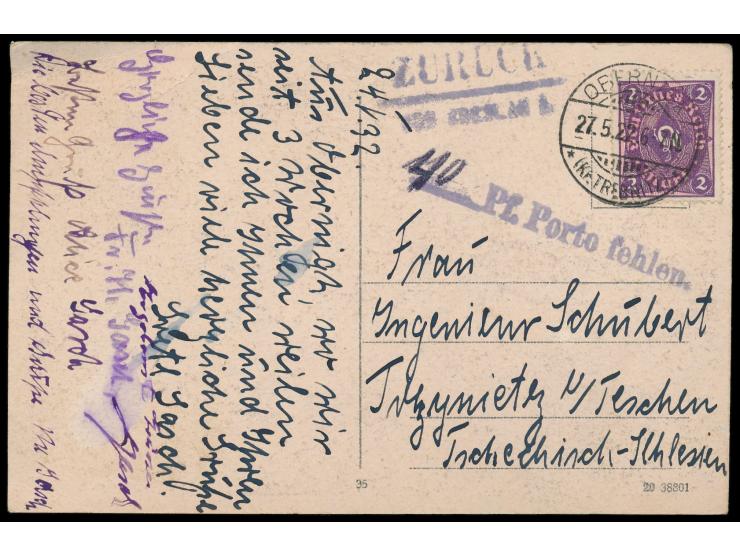Einzelfrankatur 2 M. Posthorn auf Postkarte mit Stempel Obernigk (Kr. Trebnitz) 27.5.22 nach Trzynietz bei Teschen / Tschecho