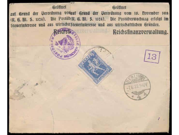 Griechenland &nbsp;1 Dr. mit Firmenlochung rückseitig auf Einschreibbrief nach Berlin, handschriftlicher R-Vermerk, &nbsp;R-Z
