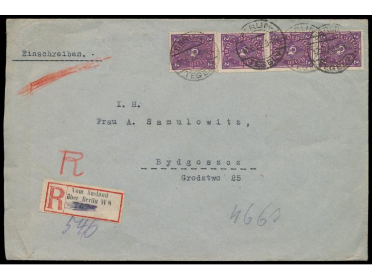 4 x 2 M. Posthorn auf  Auslands-Einschreibbrief  2. Gewicht mit Stempel  Berlin-Tegel  12.6.22 nach Polen,  R-Zettel "Vom Aus