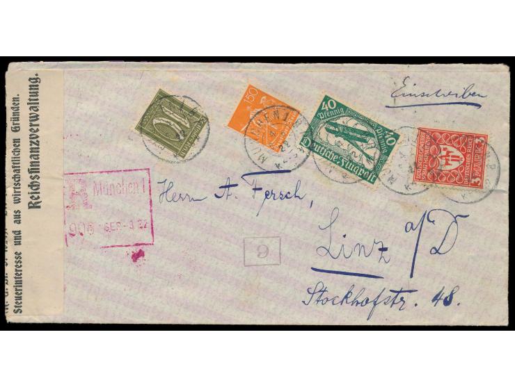 Einschreibbrief &nbsp;mit Mischfrankatur 5 M. nach Österreich, Stempel München 1 B. P. 4.9.22 und &nbsp;R-Automat München 1 &