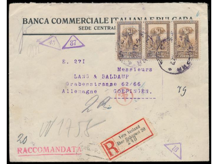 3 x &nbsp;Bulgarien &nbsp;2 L. auf Einschreibbrief mit Stempel Sofia 6.12.22 und handschriftlichem R-Vermerk nach Deutschland