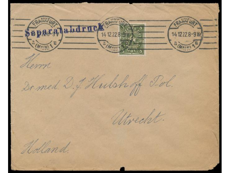 Einzelfrankatur &nbsp;8 M. Posthorn Walzendruck &nbsp;(kleine, magere 8) mit Firmenlochung &quot;HJ&quot; auf Auslandsdrucksa