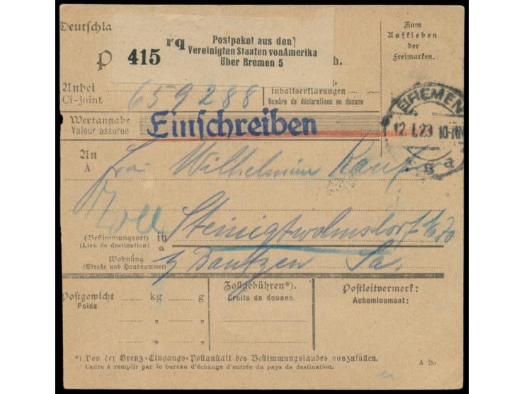 unfrankierte Paketkarte mit Stempel  Bremen 5  12.1.23, Nummernzettel  "Postpaket aus den Vereinigten Staaten von Amerika übe
