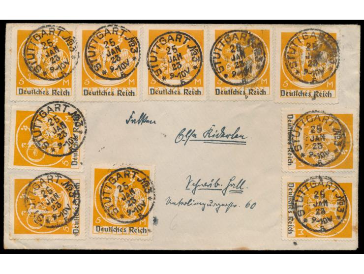 10 x  5 M. Bayern-Abschiedsserie  auf Brief mit Stempel  Stuttgart  25.1.23 nach Schwäbisch Hall, als Spätverwendung auf selt