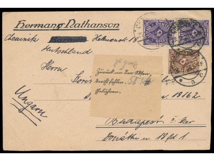 2 x 20 M. und 30 M. Posthorn auf Postkarte zum Sondertarif  nach Ungarn,  Stempel Chemnitz 28.2.23, wegen Formatüberschreitun