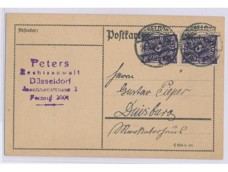 senkrechtes Paar 20 M. Posthorn (Walzendruck) auf Postkarte mit Stempel Düsseldorf 1 28.3.23 nach Duisburg, portorichtig, Bed