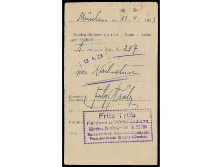 Bayern-Stempelmarke  50 M. als geduldete Frankatur auf Postkarte, Maschinenstempel  München 31  12.4.23, nach Wangen, 10 M. ü