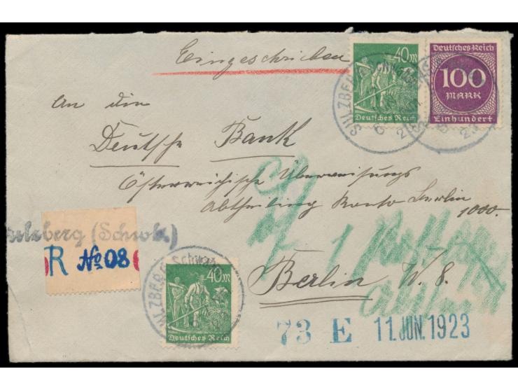 Einschreibbrief mit Stempel  Sulzberg (Schwaben)  7.6.23 nach Berlin, seltener  provisorischer R-Zettel,  Ankunftstempel 9.6.