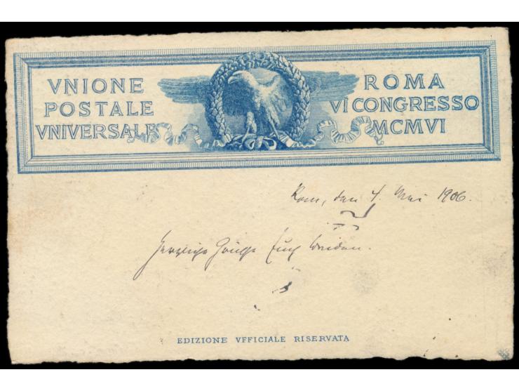 10 C. und 25 C. Floreale auf amtlicher Sonderkarte zum 6. UPU-Kongress in Rom als Einschreiben nach Deutschland, 2 x Sonderst