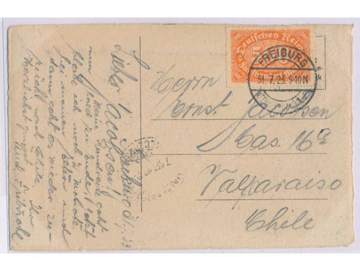 Einzelfrankatur 500 M auf Auslandskarte mit Stempel  Freiburg (Breisgau) 1  31.7.23  nach Chile,  20 M. überfrankiert, Porto-