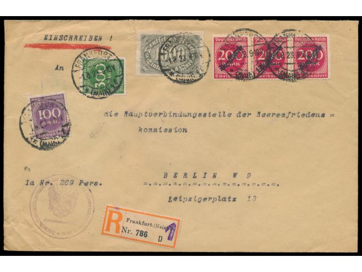 Einschreibbrief  am 1.8.23 von Frankfurt (Main) 1 nach Berlin, Frankatur 3 x  Dienstmarke  200 M., bei Auflieferung wegen  Po