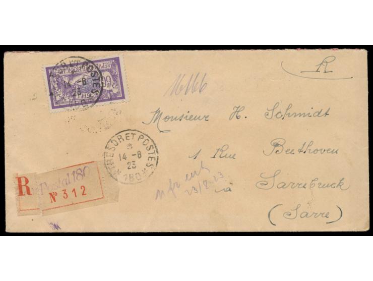 Rheinland-Besetzung,  Frankreich 60 C. auf Einschreibbrief mit Stempel  Tresor et Postes 180  14.8.23 (Biebrich) nach Saarbrü