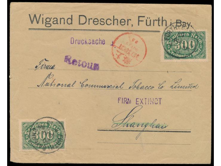 2 x 300 M. auf Auslandsdrucksache mit Stempel Fürth i. Bayern 2 20.8.23 nach China, roter Ankunftstempel Shanghai 15.10.23, v