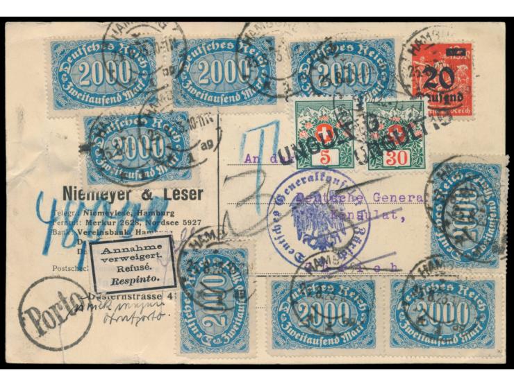 Auslandspostkarte &nbsp;mit Mischfrankatur 36.000 M. in die Schweiz, Stempel Hamburg 1 25.8.23, &nbsp;Nachgebühr wegen Überfo