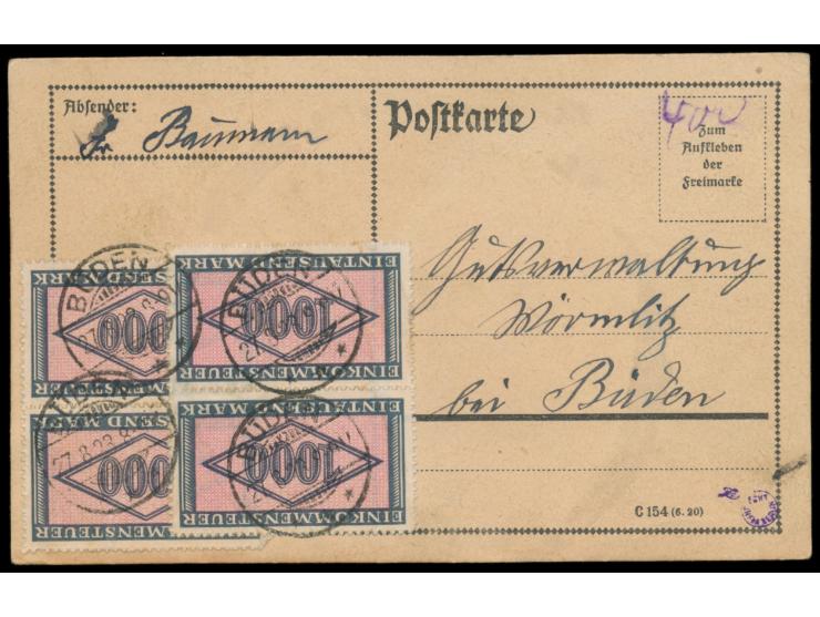 4 x  Einkommensteuer-Marke  1000 Mark auf Ortskarte mit Stempel  Büden  27.8.23, portorichtig, Bedarf
Postleitzahl: 392
